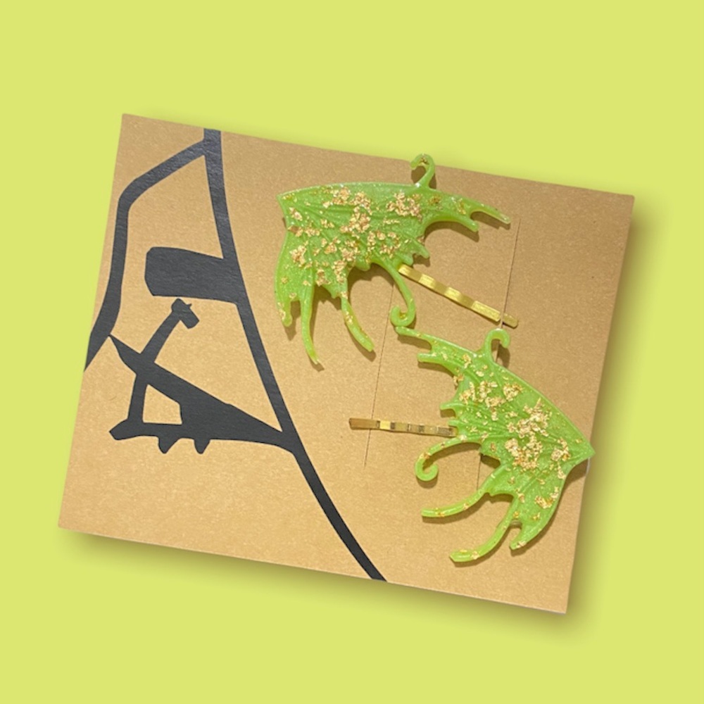 Green with Gold Flakes Fairy Wing Hair Clips